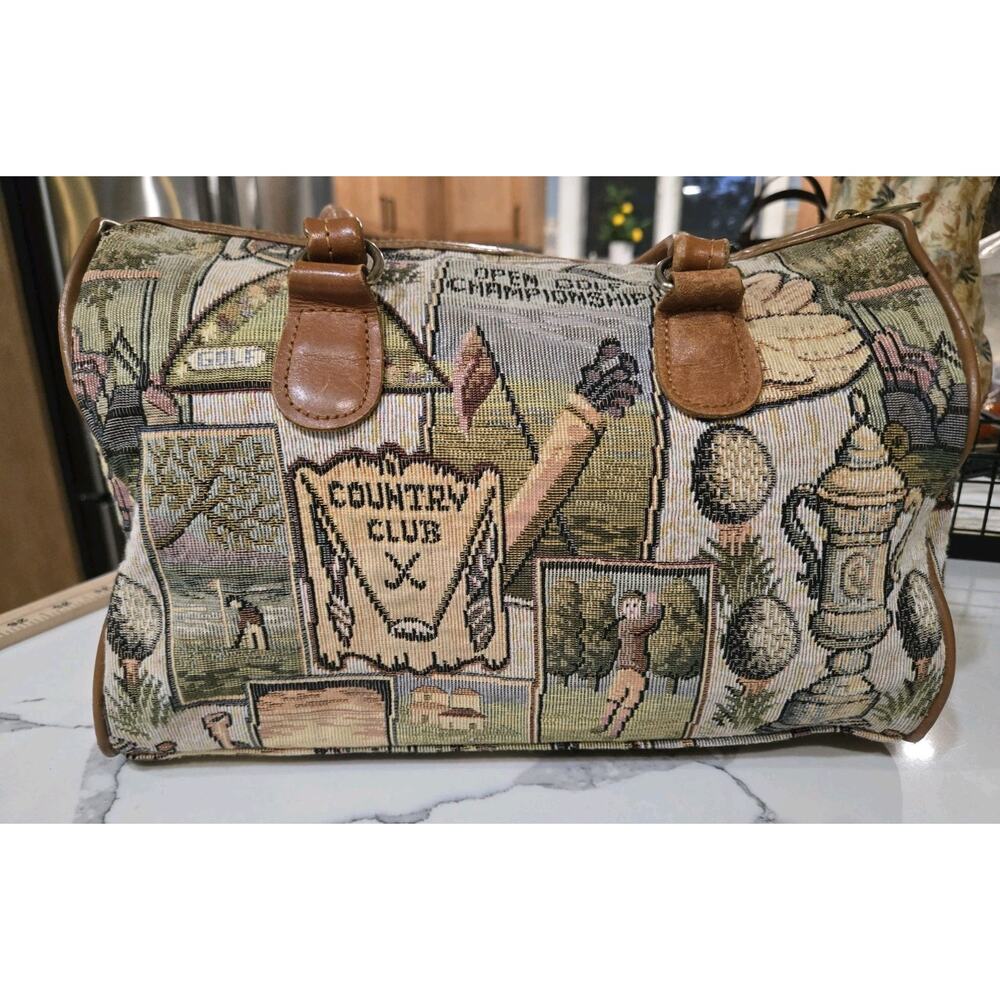 VTG Designs By Dee Dee tapestry golf "Country Club" Handbag Brown Leather Trim